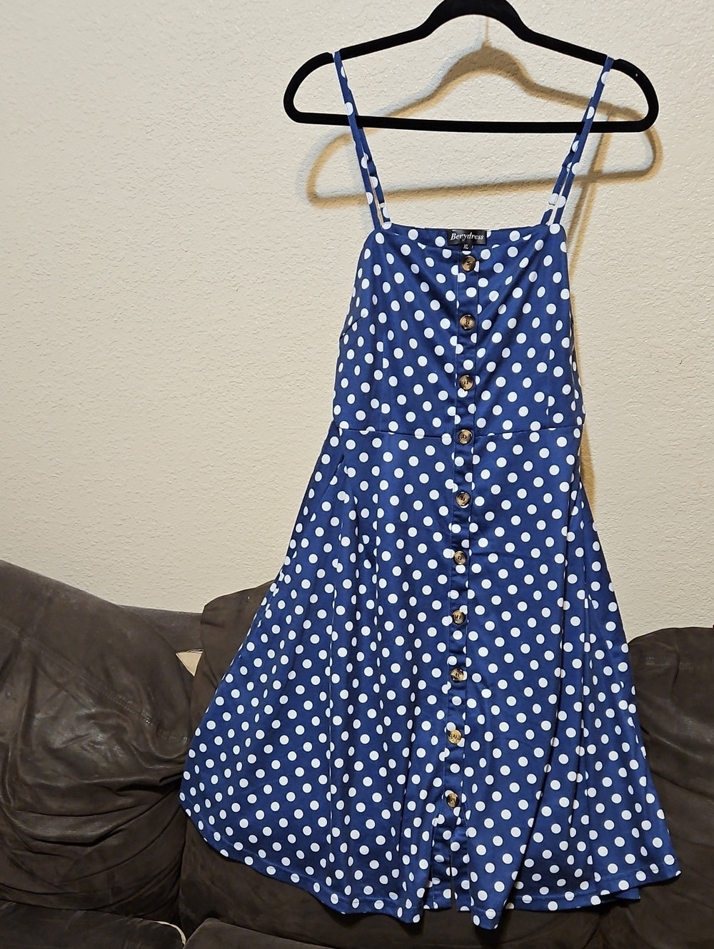 Blue Polka Dot Button-Front Midi Dress